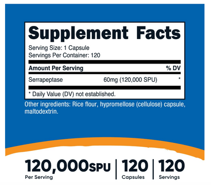 Serrapeptasa Nutricost 120,000 SPU | 120 Cápsulas | Sin gluten, sin OMG y apto para vegetarianos