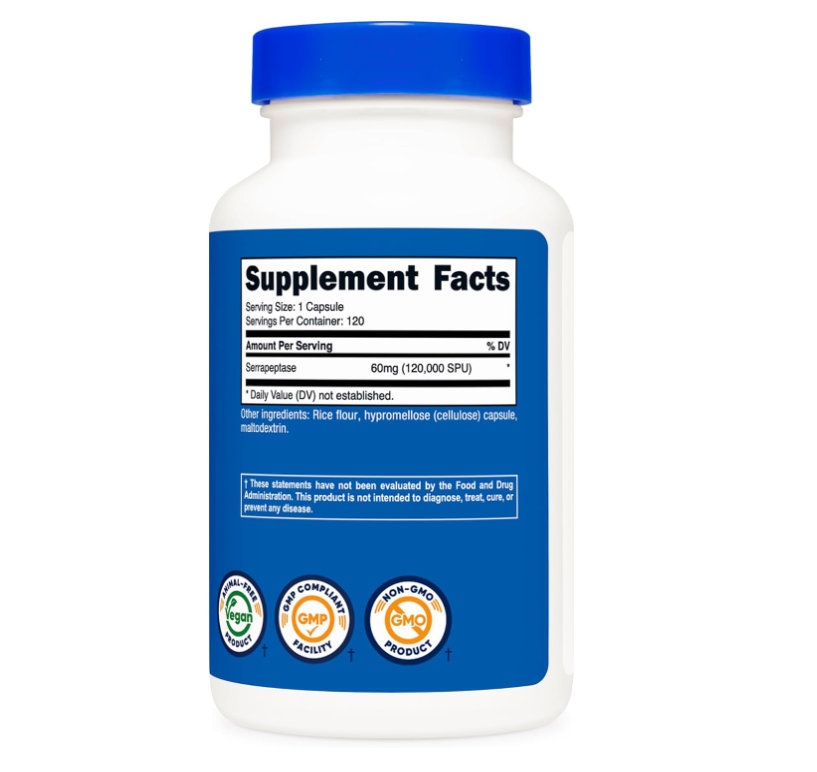 Serrapeptasa Nutricost 120,000 SPU | 120 Cápsulas | Sin gluten, sin OMG y apto para vegetarianos