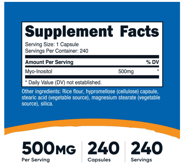 Inositol Nutricost  de 500 mg | 240 Cápsulas | Sin OMG, sin gluten (mio-inositol)