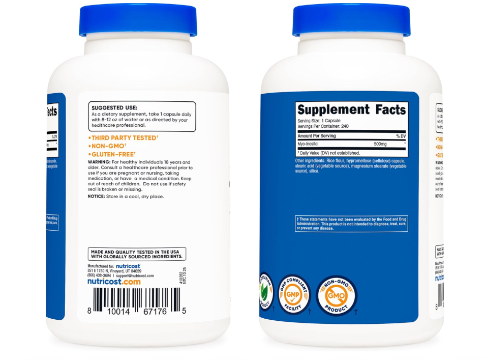 Inositol Nutricost  de 500 mg | 240 Cápsulas | Sin OMG, sin gluten (mio-inositol)