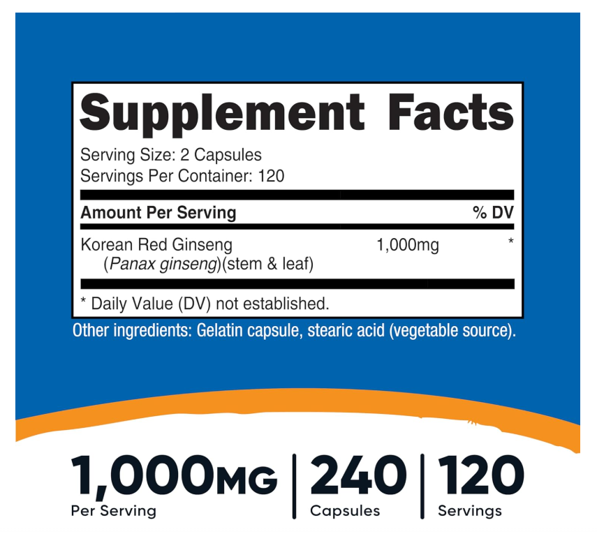 Ginseng Coreano Nutricost 1000 mg porción | 240 Cápsulas | 500 mg por cápsula| Sin gluten y sin OMG|