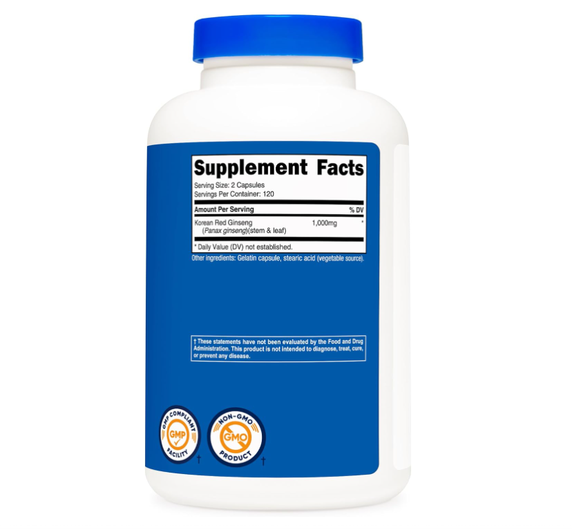 Ginseng Coreano Nutricost 1000 mg porción | 240 Cápsulas | 500 mg por cápsula| Sin gluten y sin OMG|