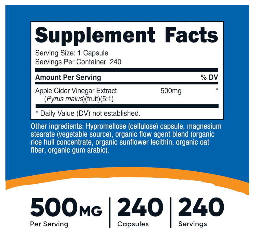 Vinagre de Manzana Nutricost  | 500 Mg | 018 oz |240 Cápsulas