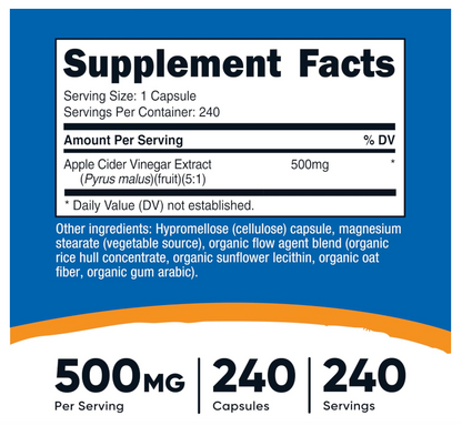 Vinagre de Manzana Nutricost  | 500 Mg | 018 oz |240 Cápsulas
