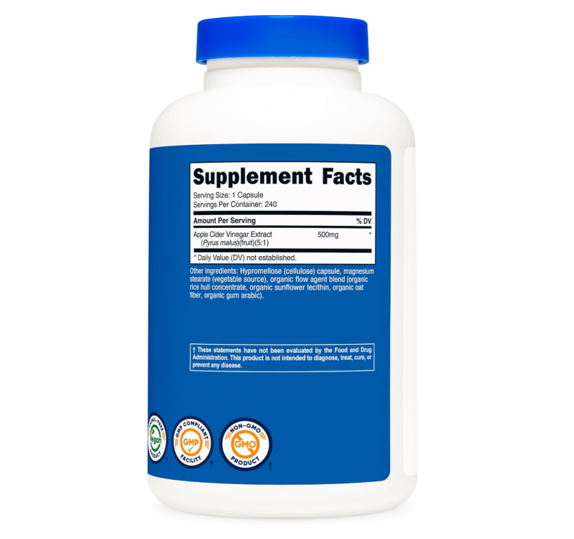 Vinagre de Manzana Nutricost  | 500 Mg | 018 oz |240 Cápsulas