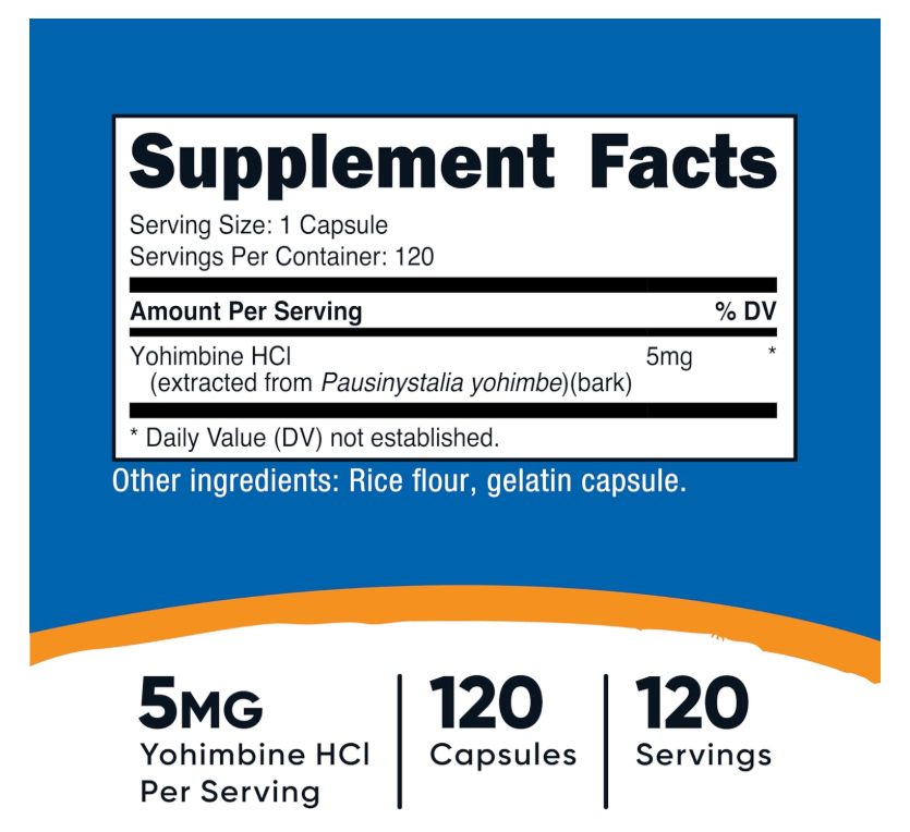 Yohimbina Nutricost  HCL 5 mg | 120 Cápsulas | Fuerza Extra