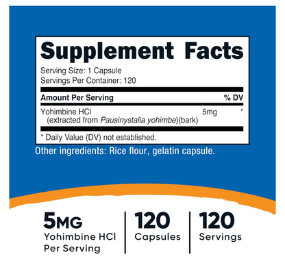 Yohimbina Nutricost  HCL 5 mg | 120 Cápsulas | Fuerza Extra