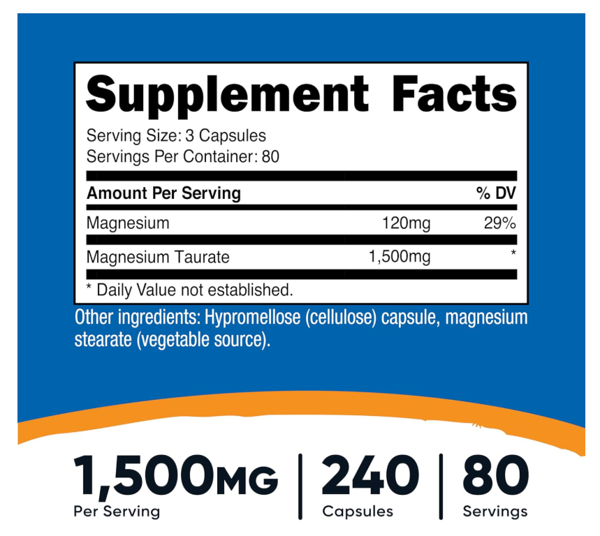 Taurato de Magnesio Nutricost | 1,500 mg | 240 Cápsulas | Sin gluten, sin OMG, Vegano