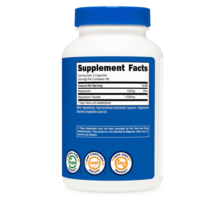 Taurato de Magnesio Nutricost | 1,500 mg | 240 Cápsulas | Sin gluten, sin OMG, Vegano