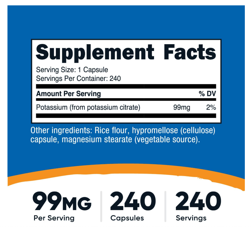 Citrato de Potasio Nutricost  99 mg | 240 Cápsulas | Sin gluten, sin OMG
