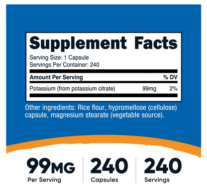 Citrato de Potasio Nutricost  99 mg | 240 Cápsulas | Sin gluten, sin OMG