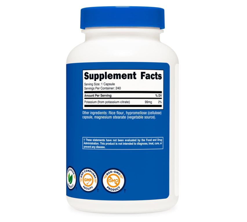 Citrato de Potasio Nutricost  99 mg | 240 Cápsulas | Sin gluten, sin OMG