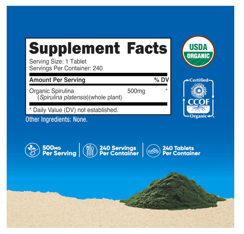 Espirulina orgánica Nutricost de 500 mg | 240 Comprimidos | Sin gluten, sin OMG