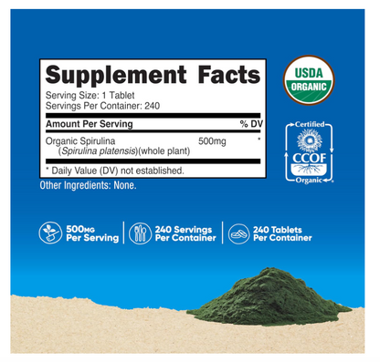 Espirulina orgánica Nutricost de 500 mg | 240 Comprimidos | Sin gluten, sin OMG