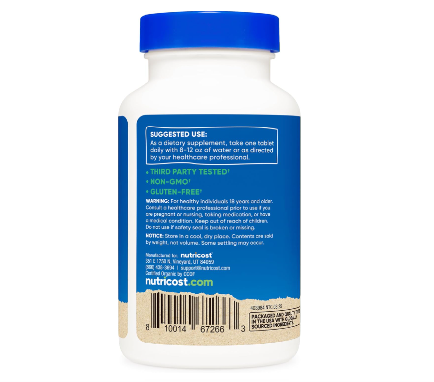 Espirulina orgánica Nutricost de 500 mg | 240 Comprimidos | Sin gluten, sin OMG