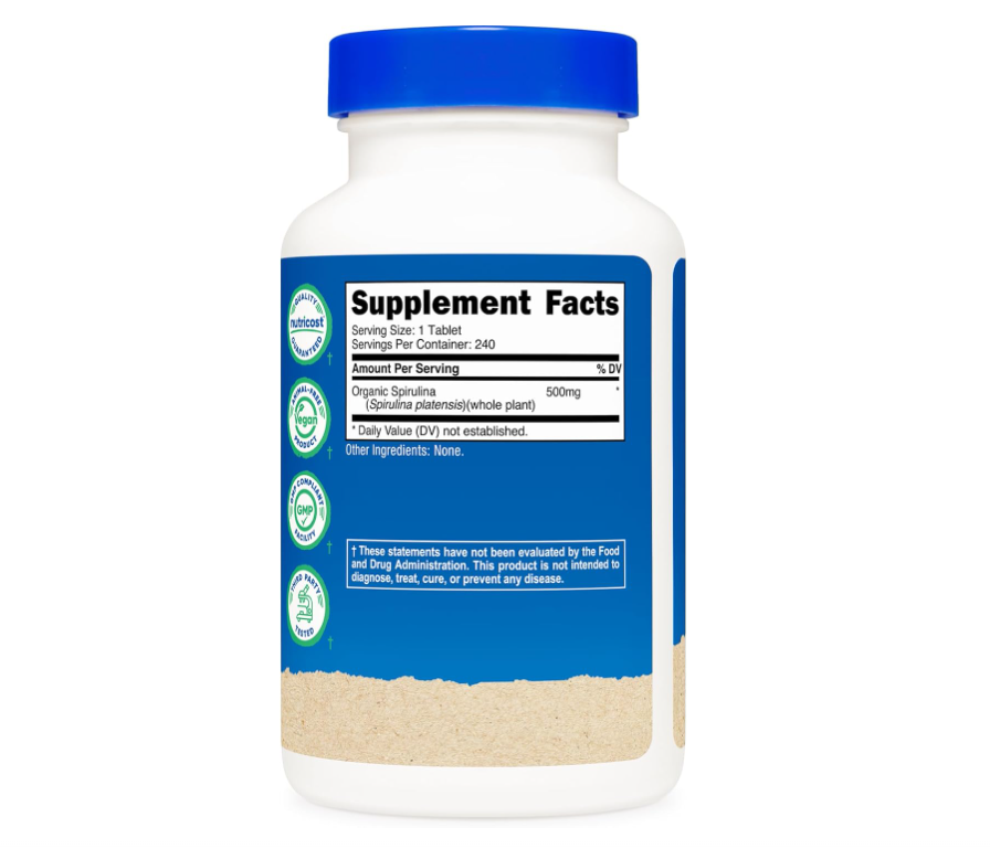 Espirulina orgánica Nutricost de 500 mg | 240 Comprimidos | Sin gluten, sin OMG