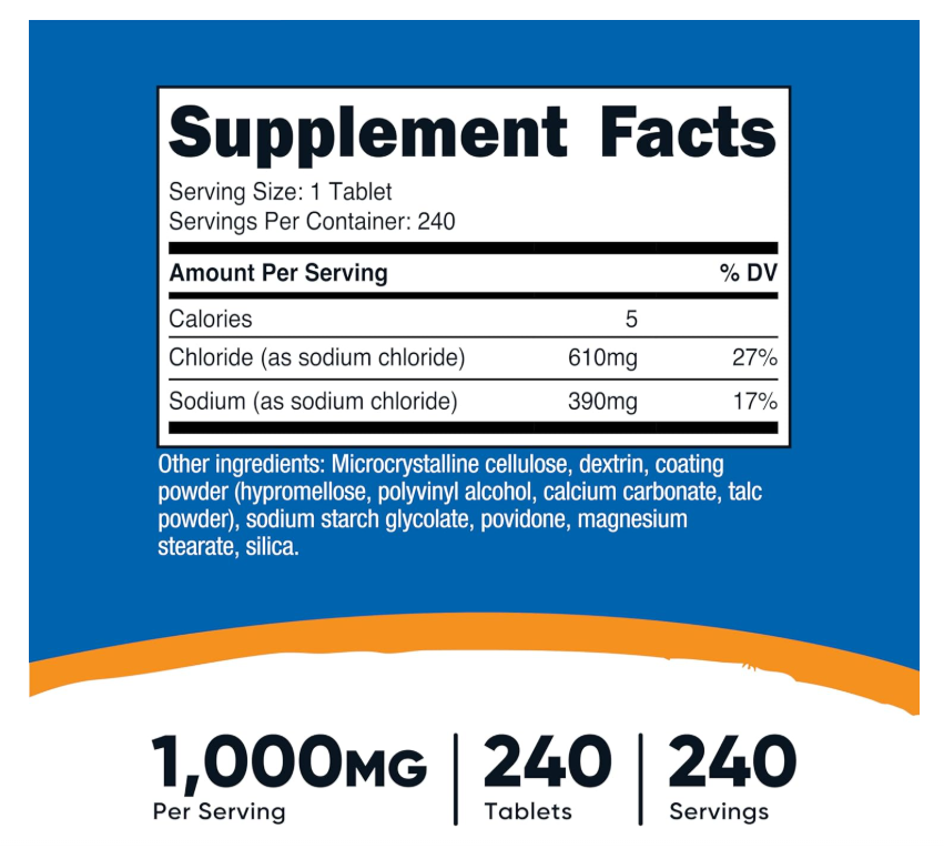 Cloruro de Sodio Nutricost 1000 mg | 240 Tabletas| Sin OMG, sin gluten
