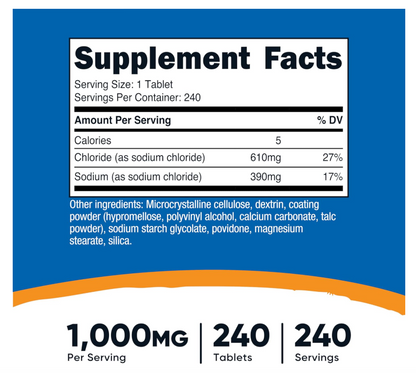 Cloruro de Sodio Nutricost 1000 mg | 240 Tabletas| Sin OMG, sin gluten