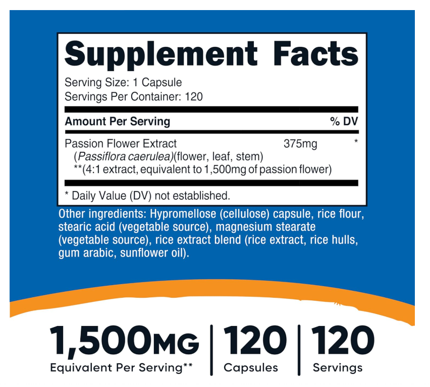 Flor de la Pasión Nutricost 1,500 mg | 120 Cápsulas | Sin gluten, sin OMG y apto para vegetarianos