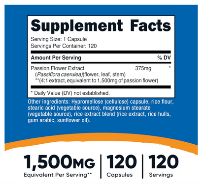 Flor de la Pasión Nutricost 1,500 mg | 120 Cápsulas | Sin gluten, sin OMG y apto para vegetarianos