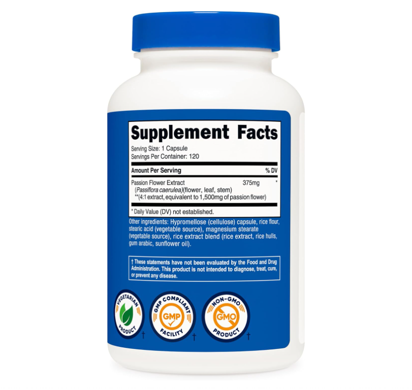 Flor de la Pasión Nutricost 1,500 mg | 120 Cápsulas | Sin gluten, sin OMG y apto para vegetarianos
