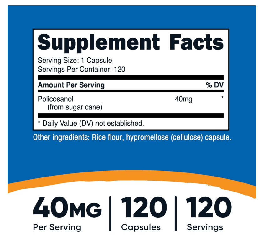 Policosanol Nutricost  40 mg | 120 Cápsulas | Sin gluten, sin OMG y apto para vegetarianos