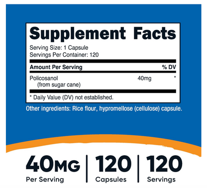 Policosanol Nutricost  40 mg | 120 Cápsulas | Sin gluten, sin OMG y apto para vegetarianos