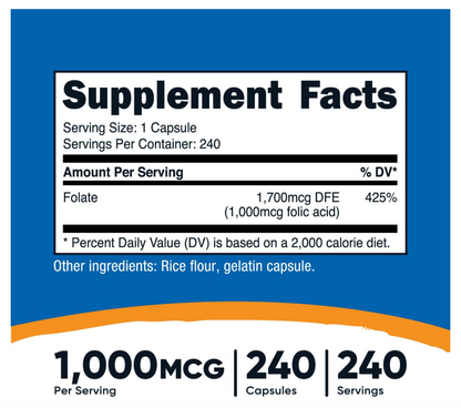 Ácido Fólico Nutricost  (Vitamina B9) 1000 mcg | 240 Cápsulas