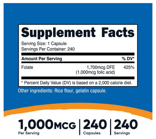 Ácido Fólico Nutricost  (Vitamina B9) 1000 mcg | 240 Cápsulas
