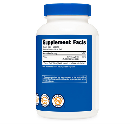 Ácido Fólico Nutricost  (Vitamina B9) 1000 mcg | 240 Cápsulas