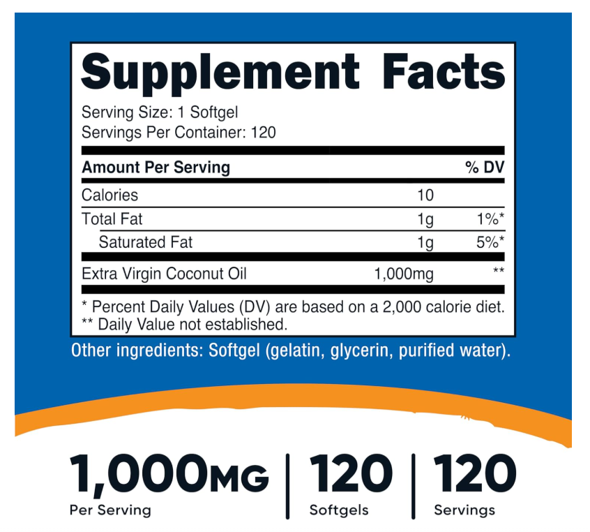 Aceite de Coco Nutricost 1000 mg | 120 Cápsulas| Sin gluten y sin OMG