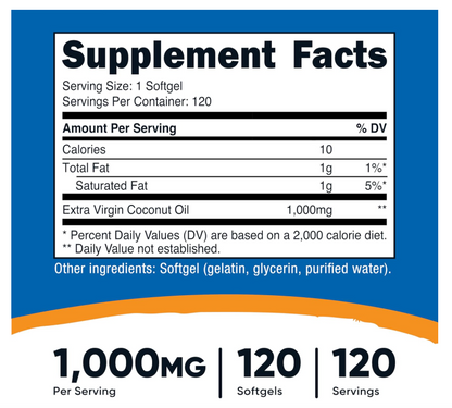 Aceite de Coco Nutricost 1000 mg | 120 Cápsulas| Sin gluten y sin OMG
