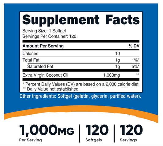 Aceite de Coco Nutricost 1000 mg | 120 Cápsulas| Sin gluten y sin OMG