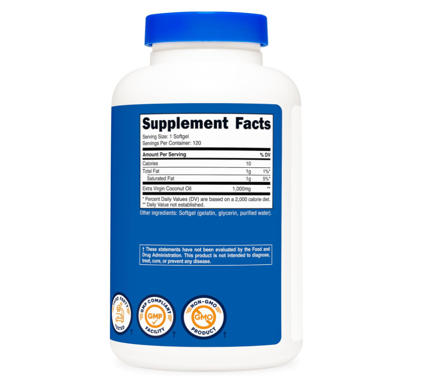 Aceite de Coco Nutricost 1000 mg | 120 Cápsulas| Sin gluten y sin OMG