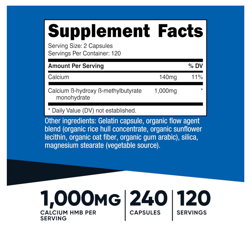 HMB (Beta-Hidroxi Beta-Metilbutirato)  Nutricost  | 1000 mg | 240 Cápsulas | Sin gluten y sin OGM