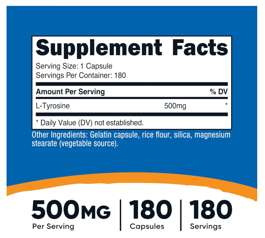 L-Tirosina Nutricost 500 mg | 180 Cápsulas | Sin gluten y sin OMG