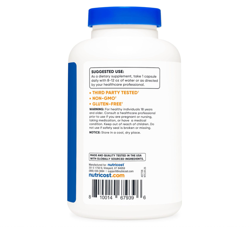 L-Tirosina Nutricost 500 mg | 180 Cápsulas | Sin gluten y sin OMG