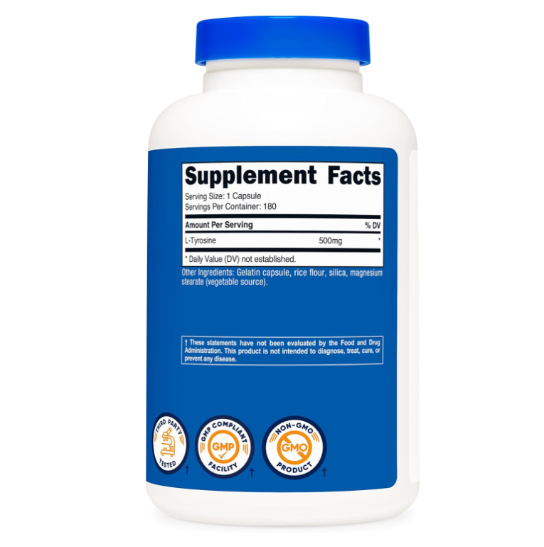L-Tirosina Nutricost 500 mg | 180 Cápsulas | Sin gluten y sin OMG