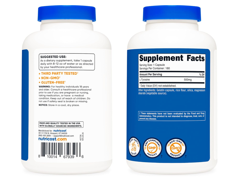 L-Tirosina Nutricost 500 mg | 180 Cápsulas | Sin gluten y sin OMG