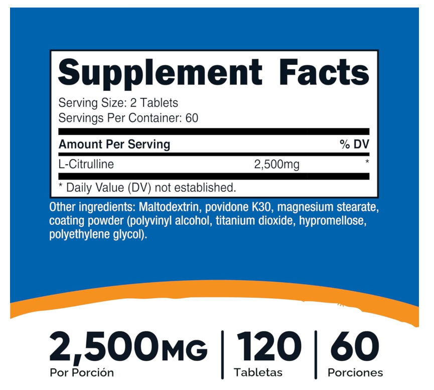 L-citrulina Nutricost  2500 mg | 120 Tabletas | Suplemento sin OMG y sin gluten