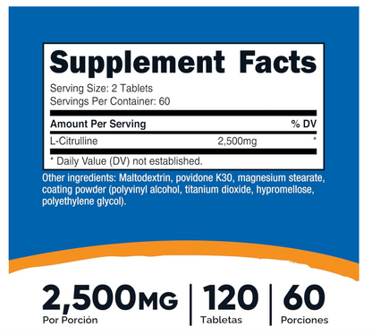 L-citrulina Nutricost  2500 mg | 120 Tabletas | Suplemento sin OMG y sin gluten