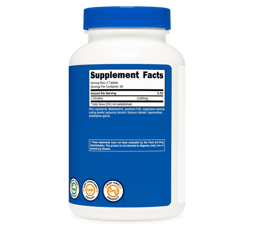 L-citrulina Nutricost  2500 mg | 120 Tabletas | Suplemento sin OMG y sin gluten