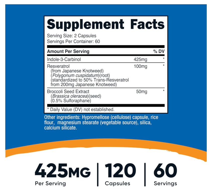 Indol-3-Carbinol Nutricost | 425 mg | 120 Cápsulas