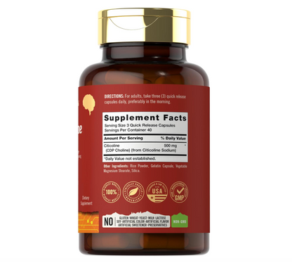 Citicolina Tahoe Nutritionals  | 500 mg | 120 Cápsulas | CDP colina | Grado terapéutico | Sin OMG y sin gluten