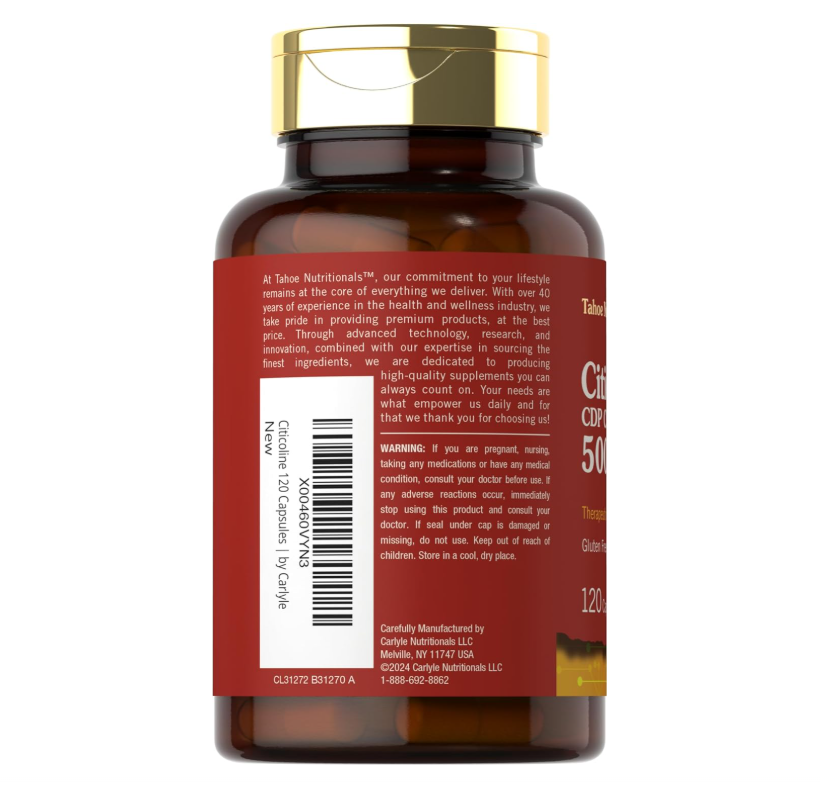 Citicolina Tahoe Nutritionals  | 500 mg | 120 Cápsulas | CDP colina | Grado terapéutico | Sin OMG y sin gluten