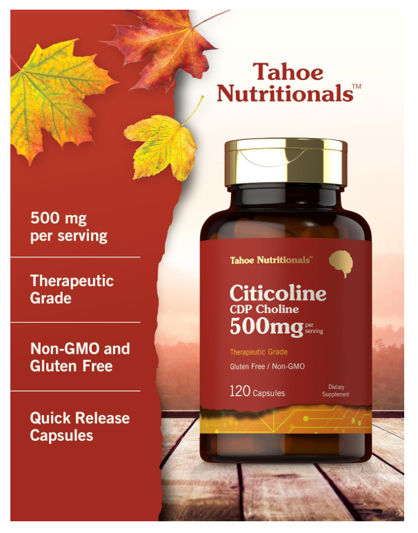 Citicolina Tahoe Nutritionals  | 500 mg | 120 Cápsulas | CDP colina | Grado terapéutico | Sin OMG y sin gluten