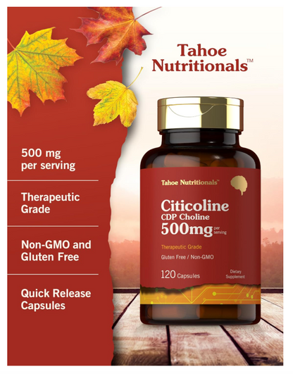 Citicolina Tahoe Nutritionals  | 500 mg | 120 Cápsulas | CDP colina | Grado terapéutico | Sin OMG y sin gluten