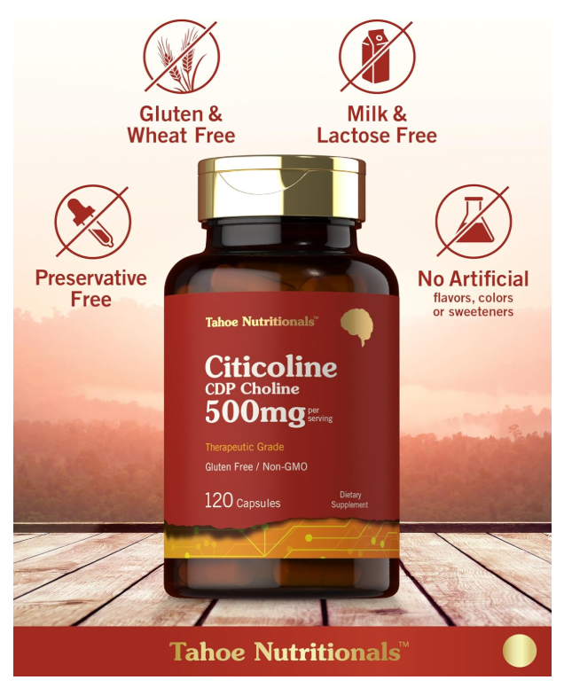 Citicolina Tahoe Nutritionals  | 500 mg | 120 Cápsulas | CDP colina | Grado terapéutico | Sin OMG y sin gluten