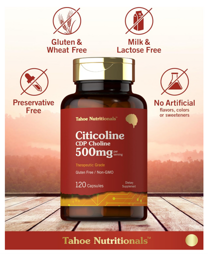 Citicolina Tahoe Nutritionals  | 500 mg | 120 Cápsulas | CDP colina | Grado terapéutico | Sin OMG y sin gluten