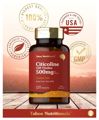 Citicolina Tahoe Nutritionals  | 500 mg | 120 Cápsulas | CDP colina | Grado terapéutico | Sin OMG y sin gluten